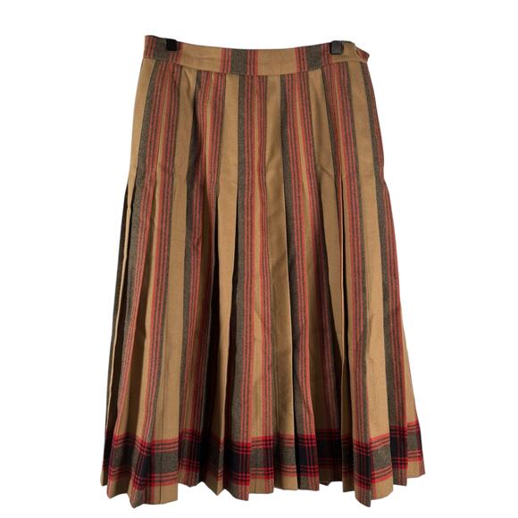 Vintage Norm Thompson Pleated Tan Red Black 100% Wool Striped Flared Skirt 10 - Picture 1 of 7